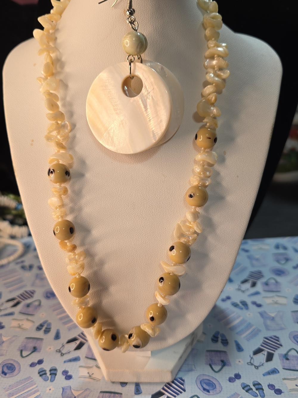 Hand Crafted Cream Mother-of-Pearl Circle Pendant & Bead Necklace